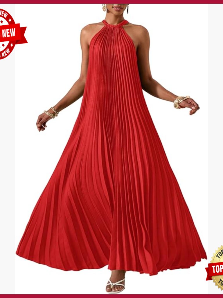 Sleeveless Pleated Maxi Dress, Formal Wedding Guest, Beach Vacation, Size M